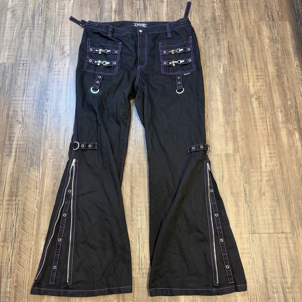 Tripp NYC Bondage Pants Black Purple Punk Goth Emo Size 34/19 Y2K Grunge Rave